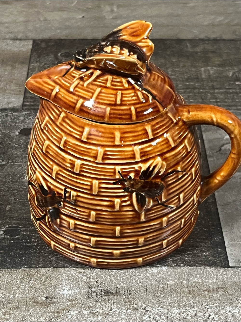 Vintage Brown Ceramic Honey Pot Pitcher With Honey Bees Lid